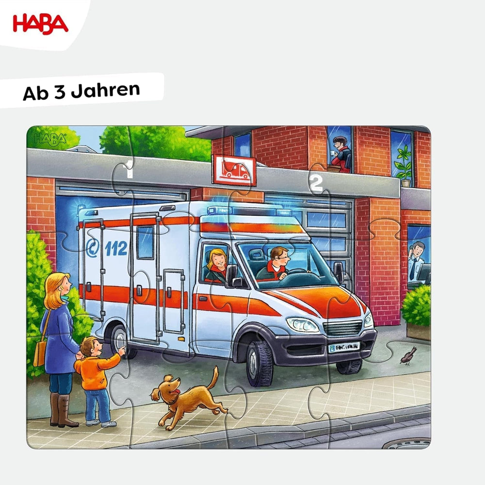 HABA Puzzle Pompiers - Ensemble de 3 pièces pour enfants à partir de 3 ans Puzzle en carton Police et Ambulance - Favorise la motricité fine et la concentration - 1302759001 Puzzle Naty Shop