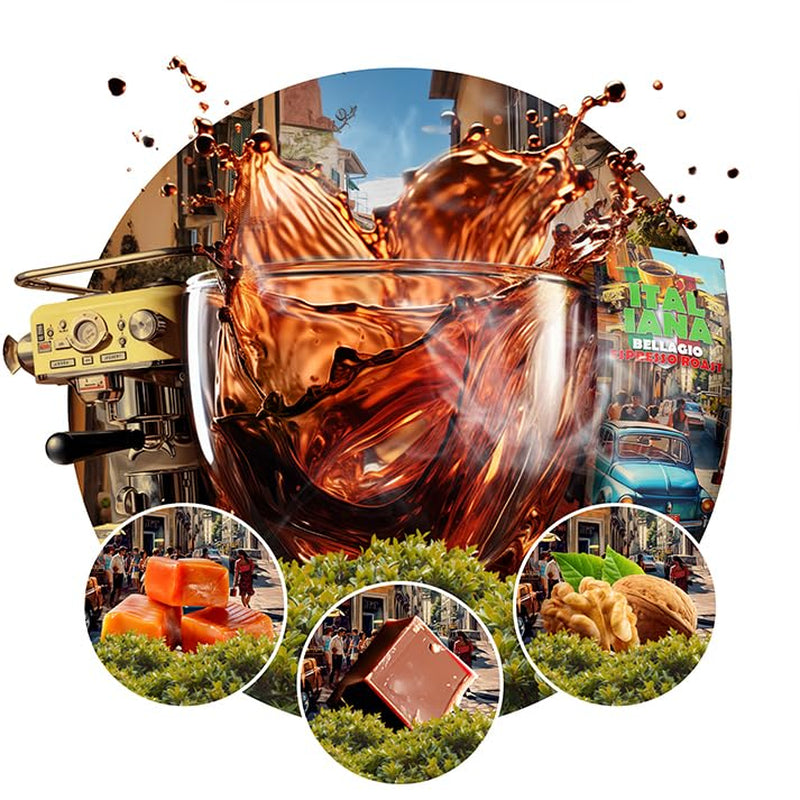 Café en grains torréfiés Italiana Bellagio 1kg | 80% Arabica et 20% Robusta | avec des notes de noix et de chocolat noir | fraîchement torréfié, faible acidité | pour machines à café | Café Orque Bleu