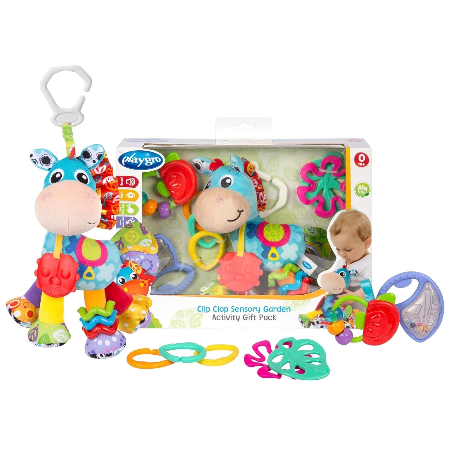 Playgro Clip Clop Coffret Cadeau d'Activités Sensorielles de Jardin - Jouet de Jardin Sensoriel pour Bébés à partir de 0 Mois - Jouet Interactif avec Hochets, Anneau de Dentition et Ami de la Poussette - 4 Pièces