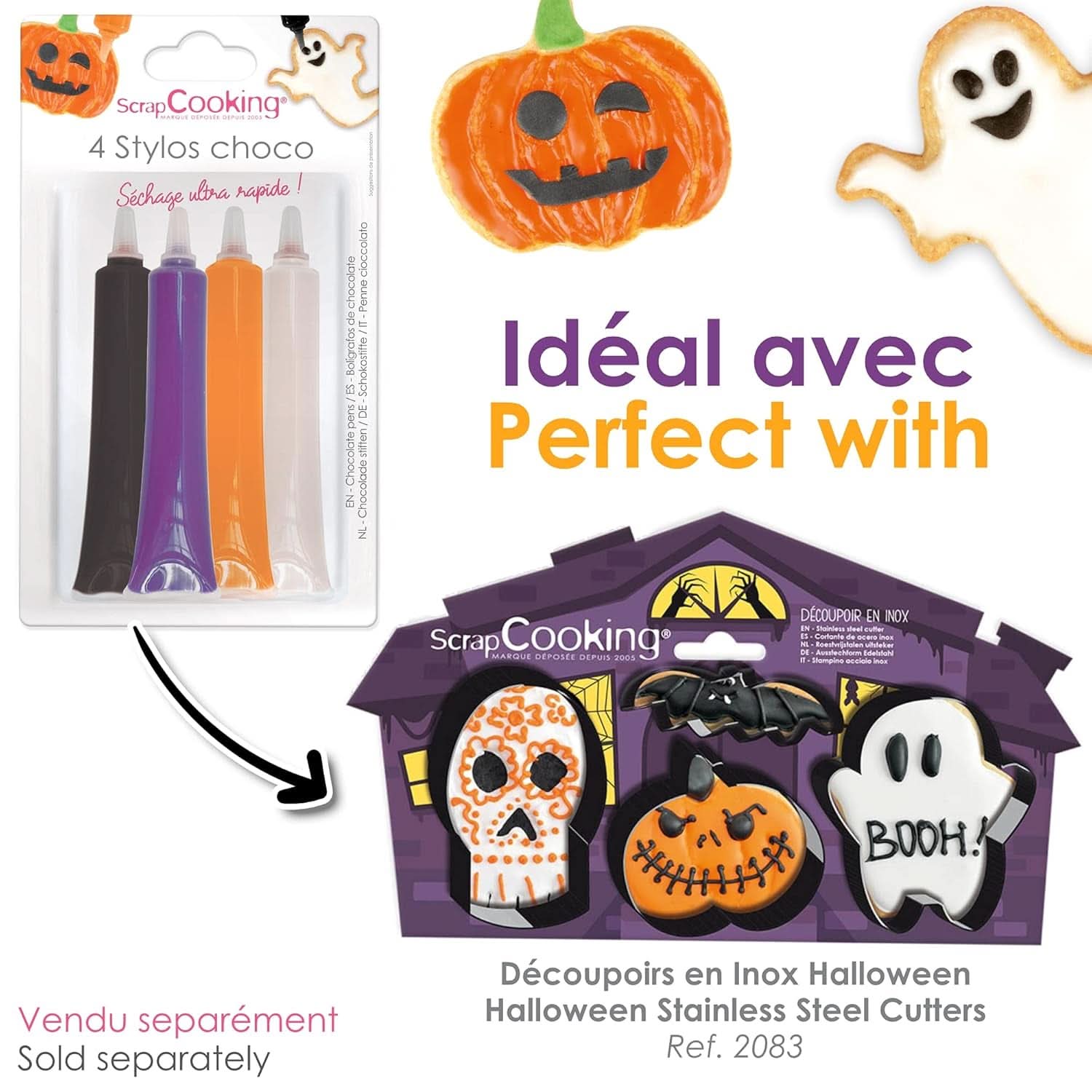 Scrapcooking - Lot de 4 Stylos Chocolat Halloween - Noir, Orange, Violet et Blanc, Écrivez et dessinez sur les Desserts, Gâteaux et Biscuits Naty Shop