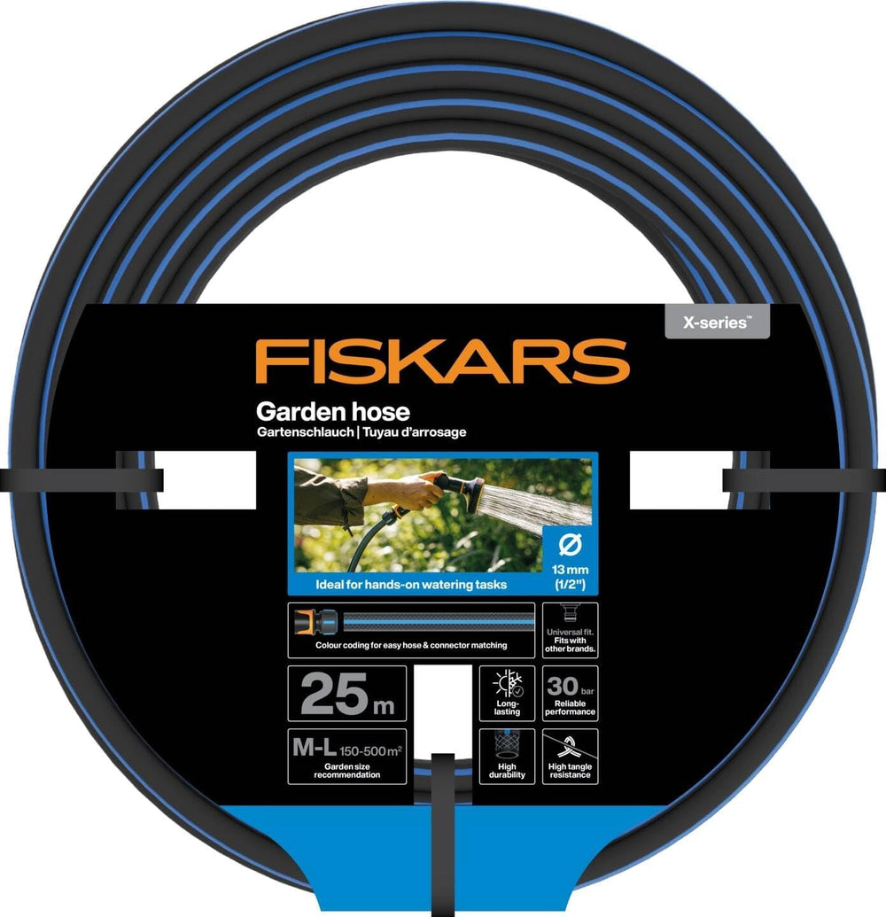 Furtun de grădină Fiskars ML, seria X, furtun de apă pentru udare manuală, 13 mm (1/2"), lungime: 25 m, racord universal, protecție UV, protecție la îngheț, rezistent la răsucire, albastru, 1076045