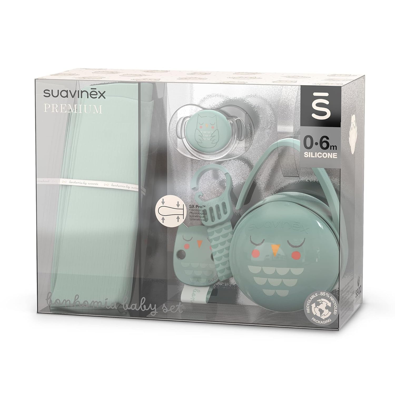 Coffret Suavinex pour nouveau-né. Coffret 4 pièces comprenant : Sucette Physiologique SX Pro pour bébé 0-6 mois + attache-sucette + attache-sucette Duo + anneau de dentition en silicone. Pays des merveilles, beige