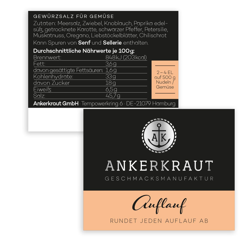 Ankerkraut Auflauf, für Gemüse-, Kartoffel- und Nudelauflauf, Gewürzsalz mit Pfeffer, Parsilie, Knoblauch, Karotte, 90 g dans un verre de Korkenglas