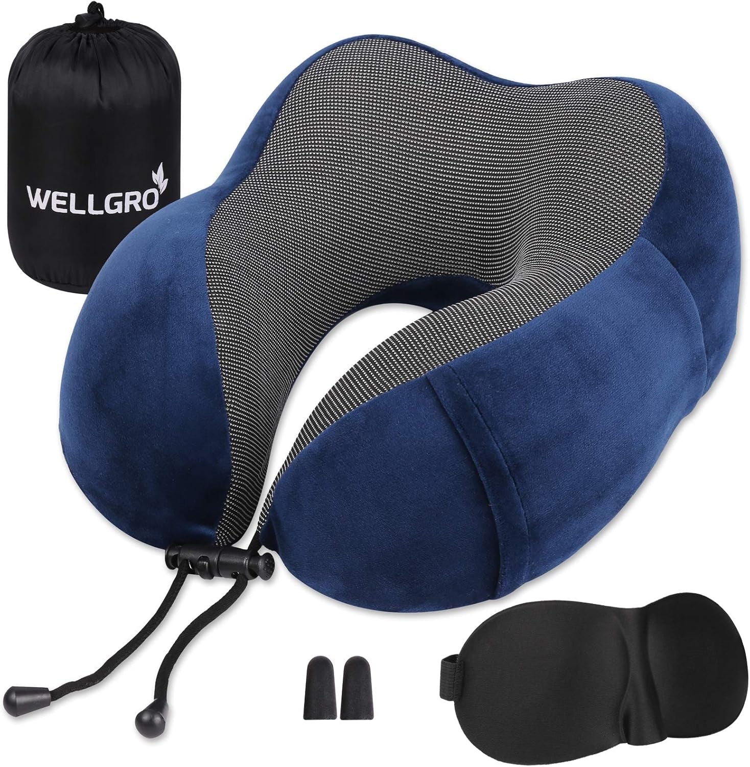 WELLGRO Ensemble d'oreillers cervicaux avec masque de sommeil 3D et bouchons d'oreilles - Housse amovible - Mousse à mémoire de forme - Fermeture à glissière - Sac de rangement inclus - Oreiller de voyage - Couleur au choix, Couleur: Gris Oreillers orthopédiques cervicaux Naty Shop Bleu foncé