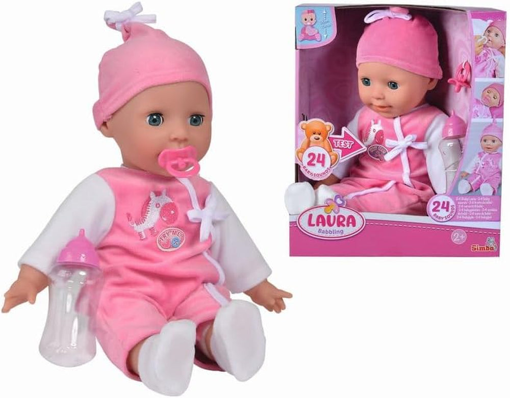 Simba 105140489 - Poupée Laura Baby Talk, poupée au corps doux de 38 cm avec des yeux endormis dans une jolie combinaison, 24 sons de bébé, poupée de jeu, poupée bébé, à partir de 2 ans
