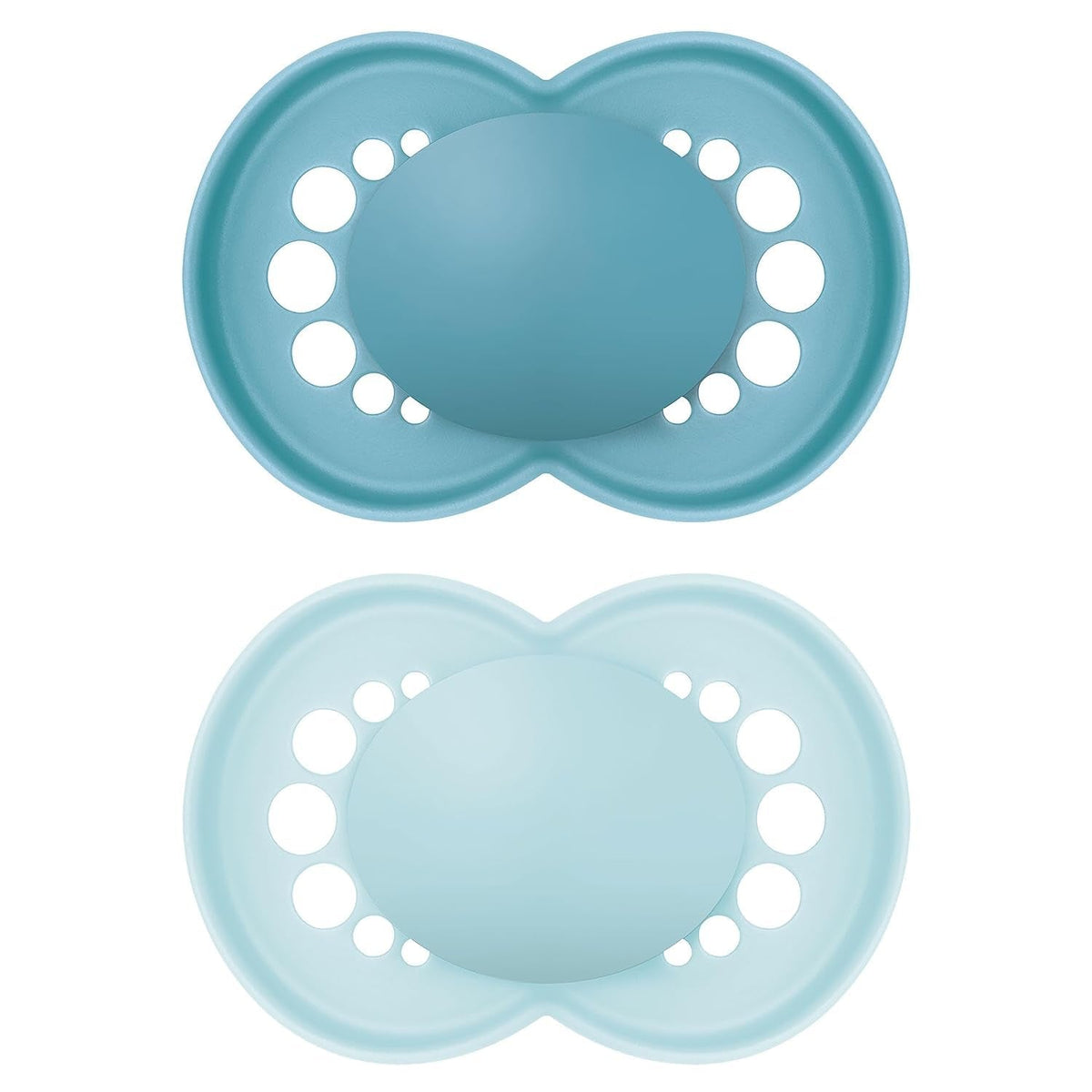 Suzete MAM Original, pachet de 2, suzete pentru bebeluși prietenoase cu dinții, fabricate din materiale sustenabile și bioregenerabile, tetine din silicon MAM SkinSoft, cu cutie pentru suzetă, 6-16 luni, albastru/albastru deschis