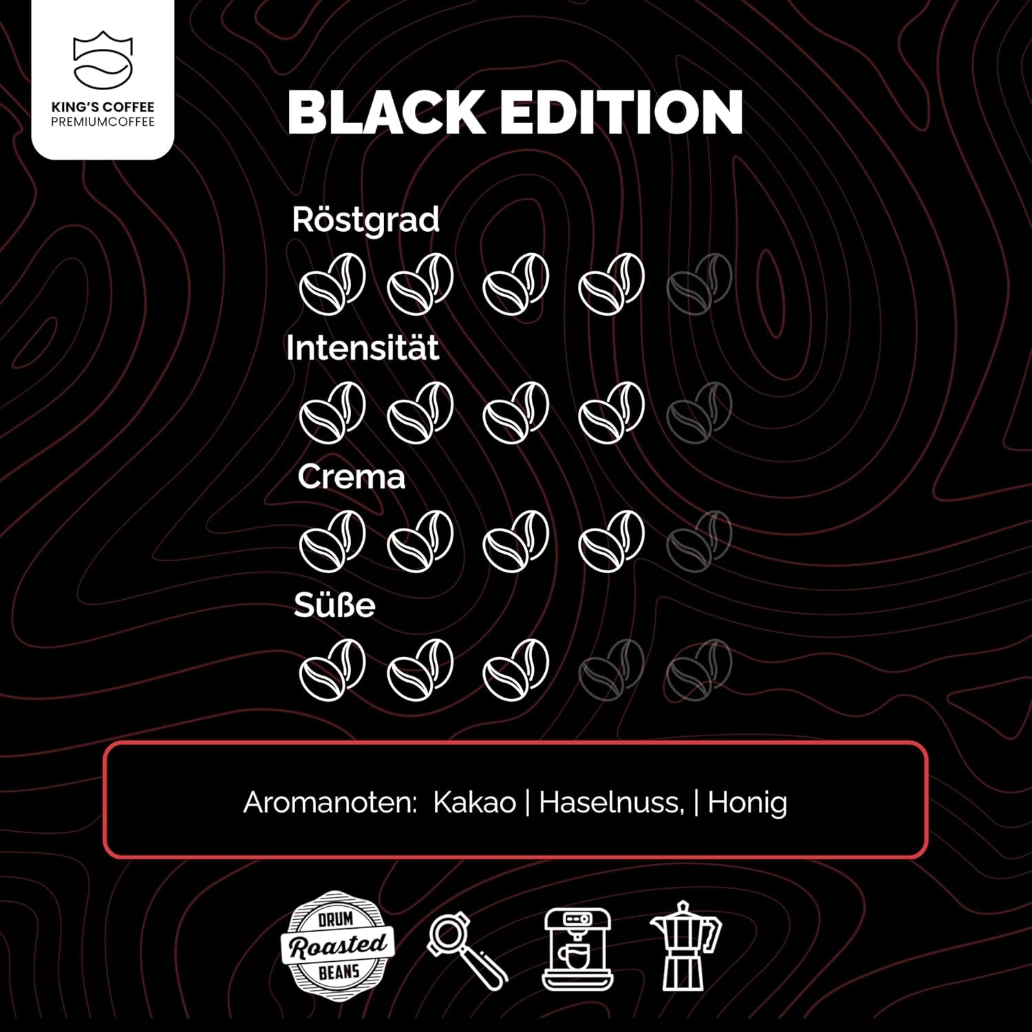 KING'S COFFEE - BLACK EDITION - 1 kg de grains de café crème intense - Café à faible acidité - Torréfaction en petits lots d'Italie - Grains d'espresso Arabica forts (mélange) pour machines entièrement automatiques et porte-filtres