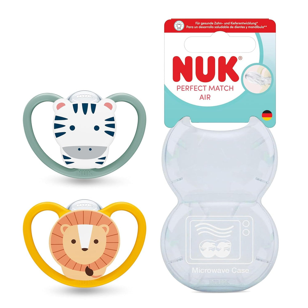Sucettes NUK Perfect Match Air pour bébés | 6-18 mois | Sucettes orthodontiques qui favorisent la circulation de l'air et préviennent les éruptions cutanées causées par la salive | 95 % d'acceptation par les bébés** | Zèbre/Léo | Paquet de 2