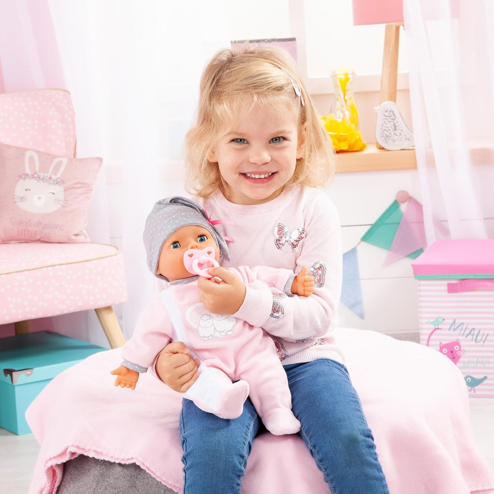 Bayer Design 93829AA Poupée interactive My Piccolina avec fonction, Poupée parlante, Bouge la bouche, 38 cm, Tétine, Biberon, Rose, Gris