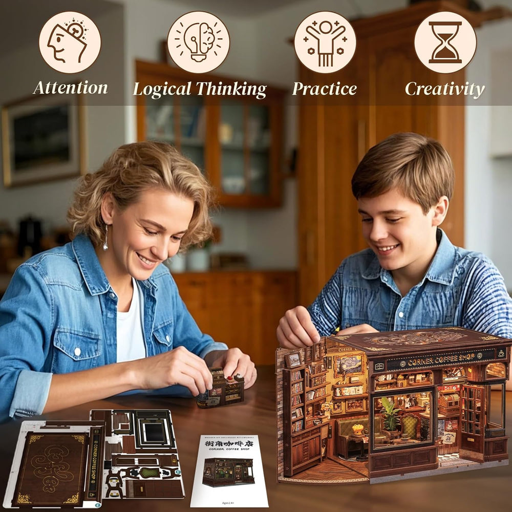 CUTEBEE Kit d'angle de livre – Maisons de poupée à monter soi-même, kit de construction de maison miniature éclairée par LED pour adultes, puzzle 3D en bois et support de livre – Décoration d'étagère et cadeau (coin café)