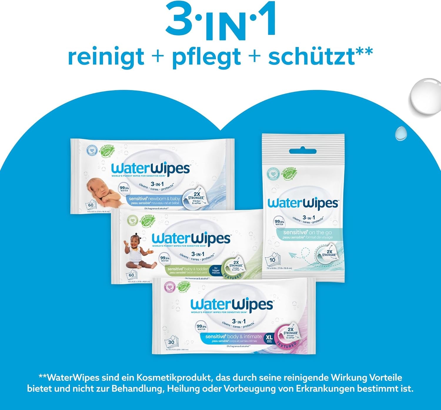 WaterWipes Sensitive+ Lingettes humides pour nouveau-nés et bébés, 540 pièces (9 paquets), nettoyage 3 en 1, entretien, protection, 99,9 % d'eau, sans parfum
