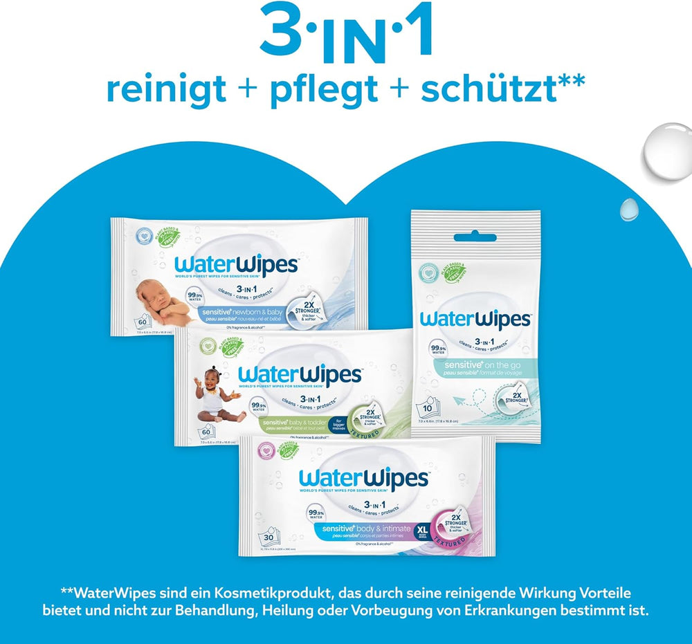 WaterWipes Sensitive+ Lingettes humides pour nouveau-nés et bébés, 540 pièces (9 paquets), nettoyage 3 en 1, entretien, protection, 99,9 % d'eau, sans parfum