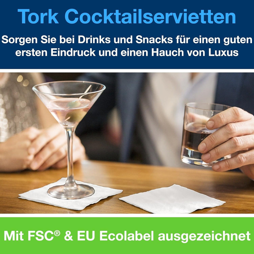 Serviettes Tork Cocktail blanches, pli 1/4, 2 épaisseurs, 24 cm × 24 cm, 200 serviettes, 477534