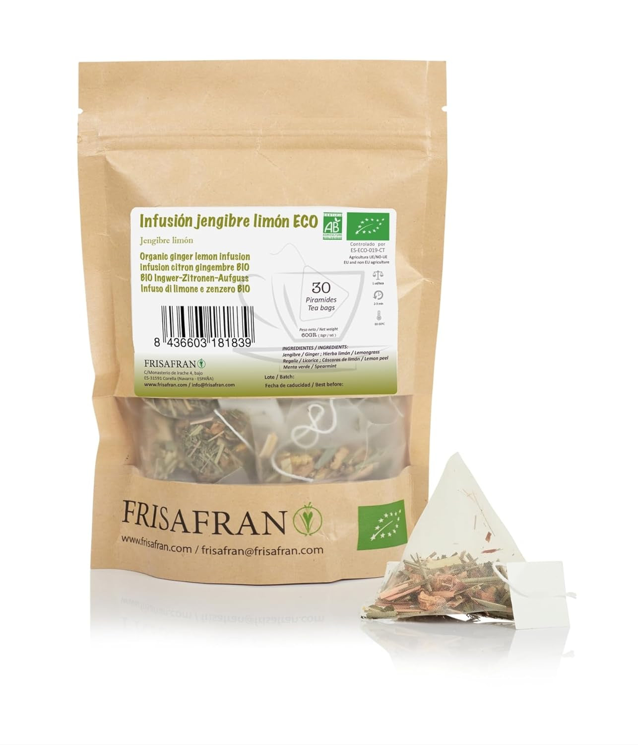 FRISAFRAN | Ceai verde organic Mint Gunpowder în piramide 30 unități | 60G | Antioxidant | Ceai verde japonez | Digestiv | Băutură răcoritoare | Infuzie de mentă | Ceai pur | Frunze de mentă | Cald-rece