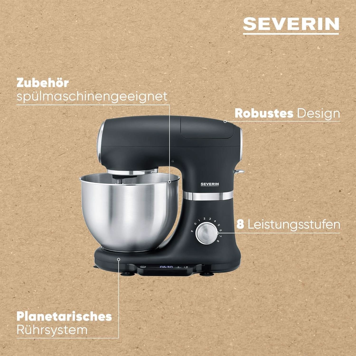 SEVERIN Küchenmaschine Mit Waage, Große Knetmaschine Für Bis Zu 3 Kg Kuchenteig, Robuste Teigmaschine Mit Knethaken, Flachrührer Und Schneebesen, 1.000 W, Schwarz, Matt,Edelstahl, KM 3898 Mama si Copilul Naty Shop