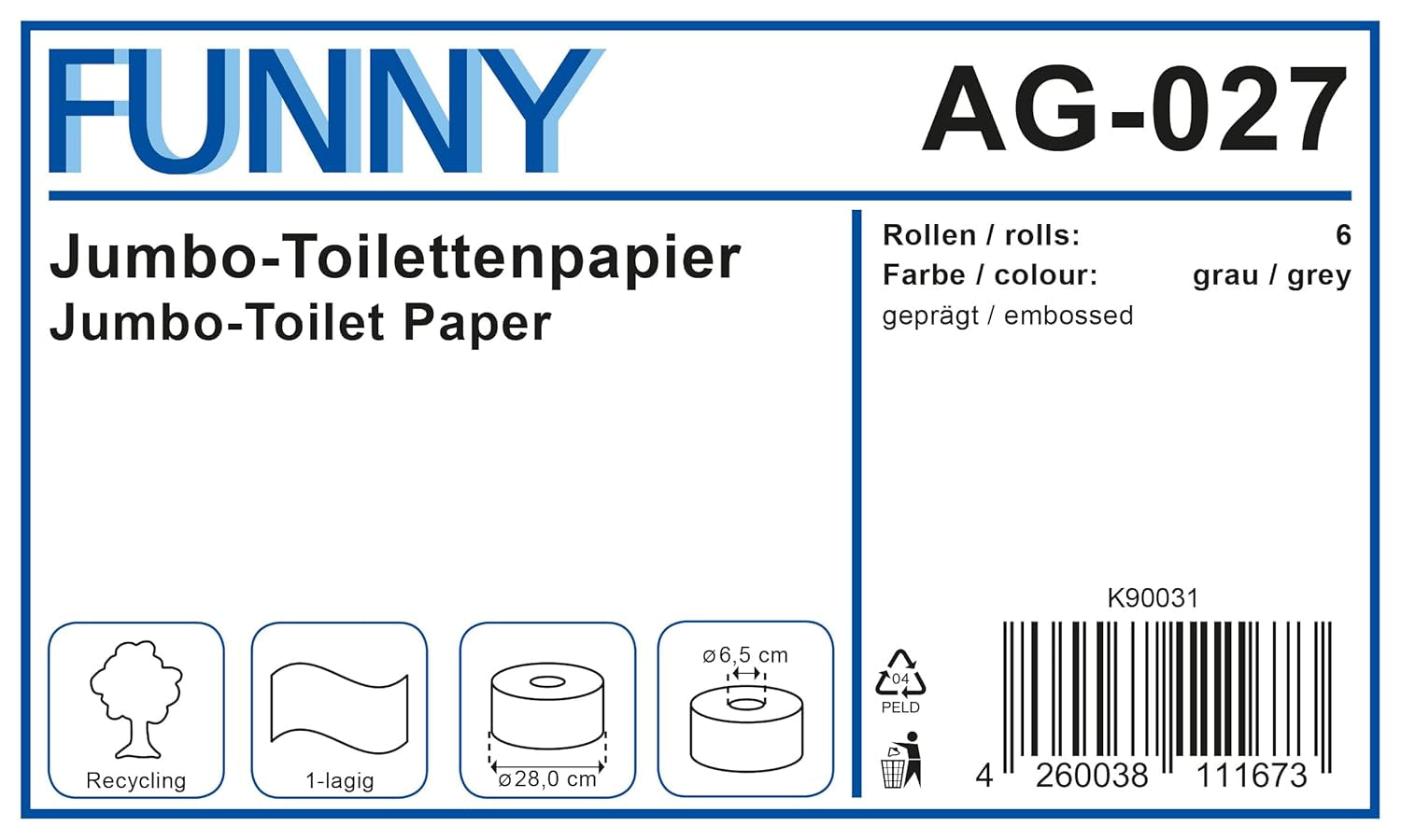 Funny AG-027 Papier toilette géant, 1 pli, recyclé, diamètre 28 cm (paquet de 6)
