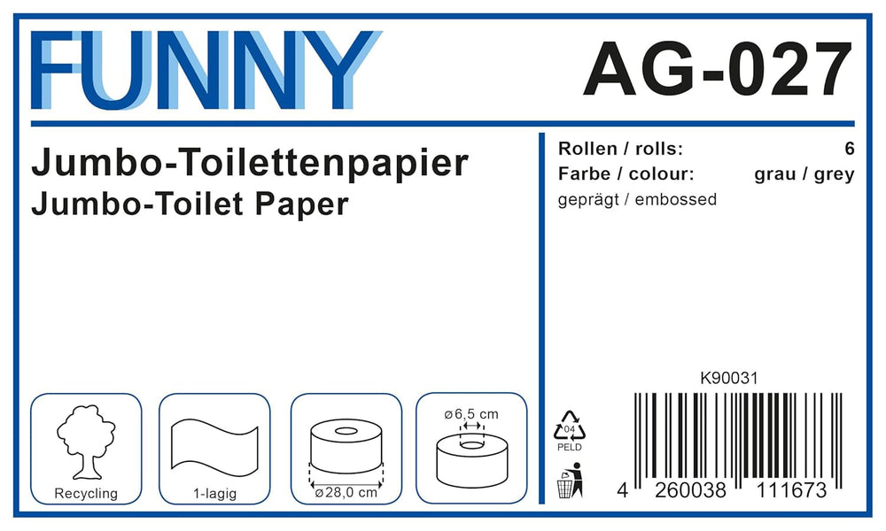 Funny AG-027 Papier toilette géant, 1 pli, recyclé, diamètre 28 cm (paquet de 6)