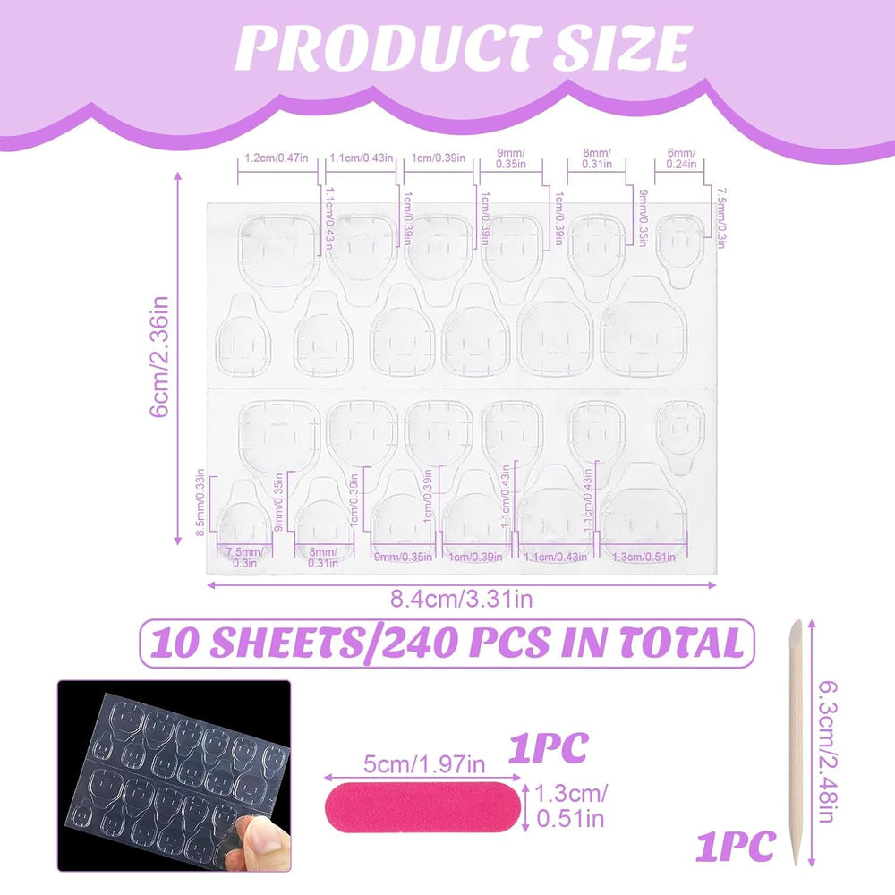 240 pièces de tampons de colle à ongles, feuille adhésive pour faux ongles, 10 feuilles d'autocollants double face transparents, respirants et super collants (gelée en gel) pour manucure et ongles artificiels, y compris un kit de manucure