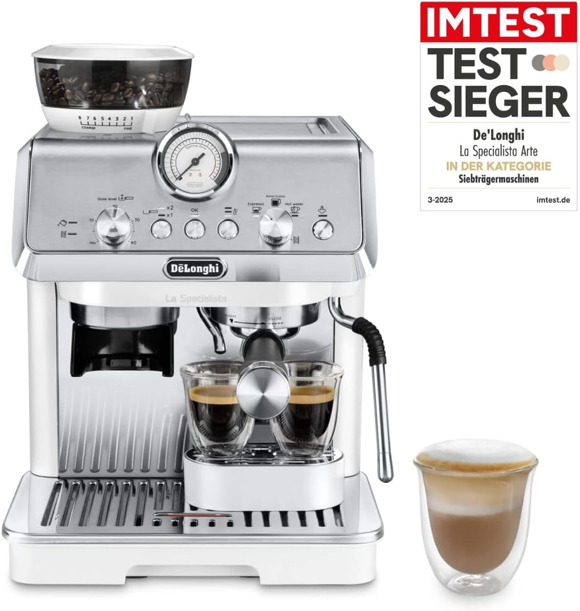 De'Longhi La Specialista Arte EC9155.MB Machine à expresso porte-filtre avec moulin, 8 niveaux de mouture, pression 15 bars, 3 niveaux de température, mousseur à lait, 1550 W, réservoir 1,7 L, acier inoxydable/noir, kit barista inclus