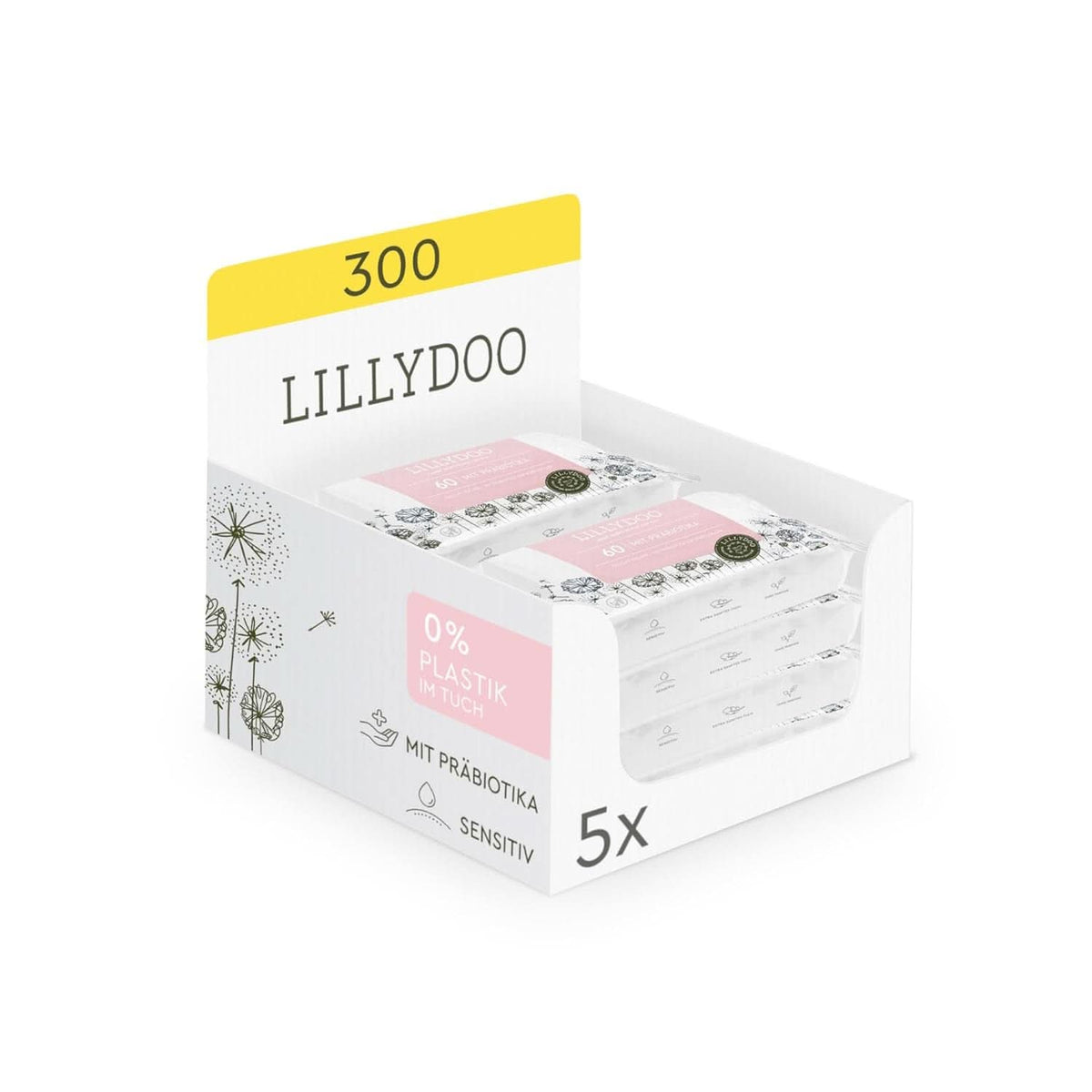 LILLYDOO lingettes humides aux prébiotiques, lingettes 100% sans plastique et sans parfum (FSC Mix) Lingettes humides bébé Naty Shop 5 x 60 lingettes