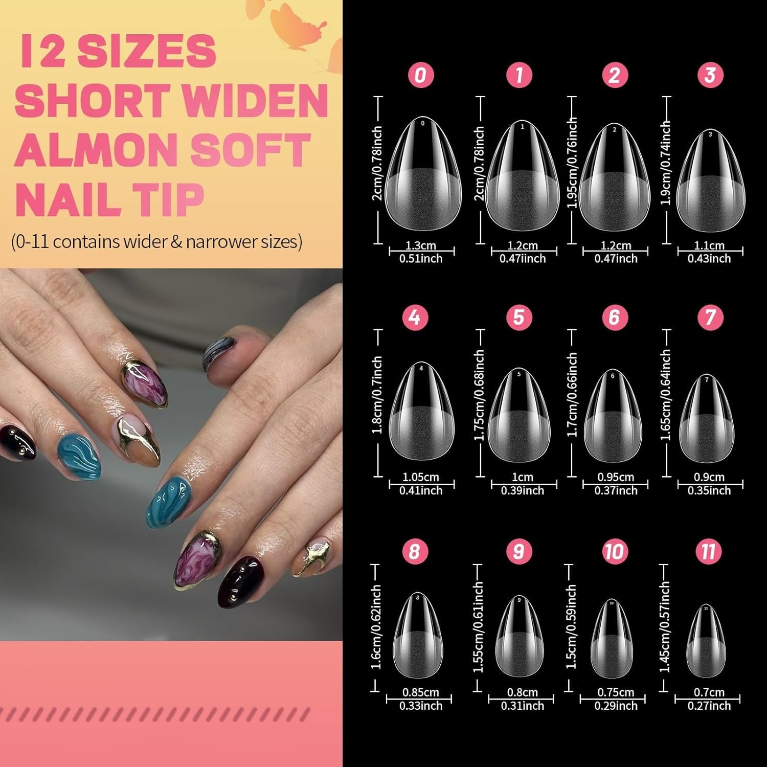 Faux ongles pour ongles en gel, ensemble de 120 pièces d'ongles artificiels courts de couleur amande, 11 tailles d'ongles en gel, pointes d'ongles en colle, bloc tampon à ongles