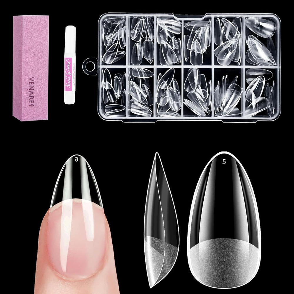 Faux ongles pour ongles en gel, ensemble de 120 pièces d'ongles artificiels courts de couleur amande, 11 tailles d'ongles en gel, pointes d'ongles en colle, bloc tampon à ongles