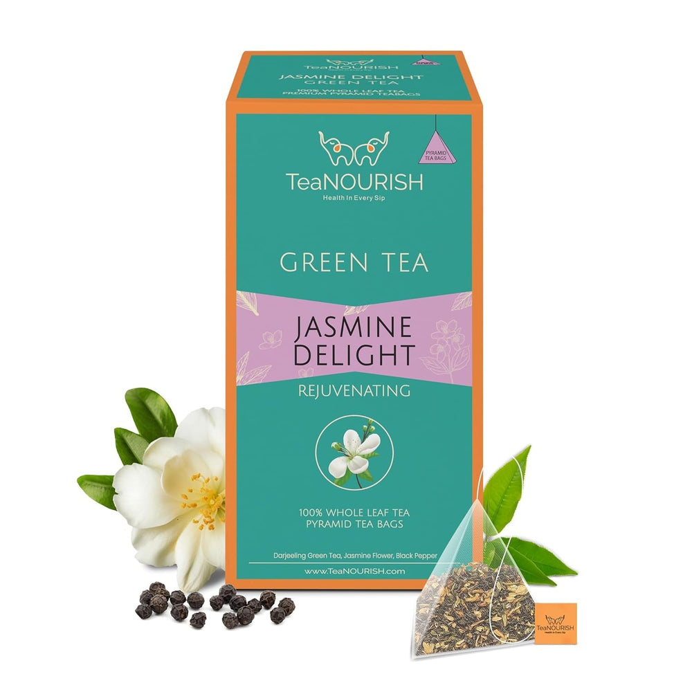 Teanourish Ghimbir Tulsi Ceai verde | 20 pliculețe de ceai piramidale | Darjeeling frunze întregi | Superalimente indiene Ghimbir, Tulsi &amp; Lemn dulce | Ameliorează stresul și favorizează digestia