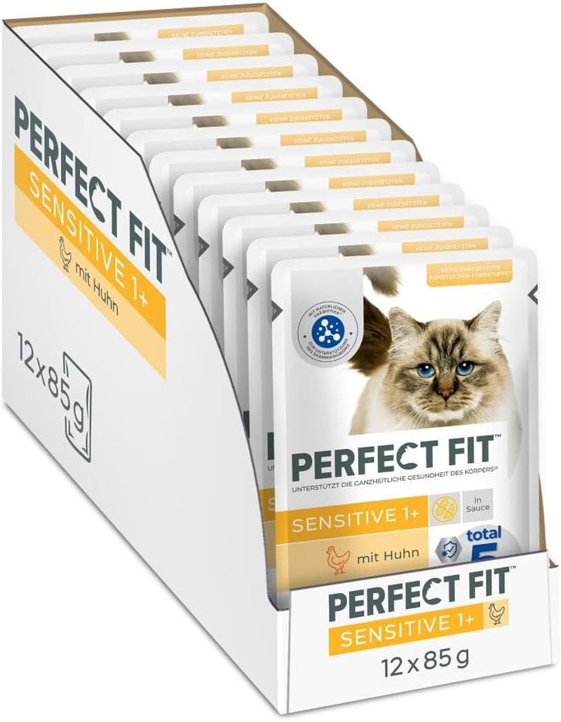 Nourriture humide pour chats Perfect Fit Sensitive 1+ au poulet en sauce, 12 sachets, 12 x 85g - Nourriture humide premium pour chats sensibles à partir de 1 an, sans blé ni soja, pour favoriser la digestion