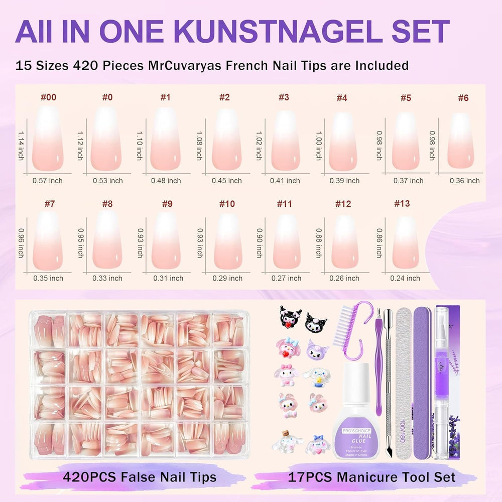 Lot de 420 faux ongles – Ballerine en gel doux, couverture complète, couleur chair, blanc dégradé, colle sur ongles artificiels, faux ongles pour nail art (Ballerine blanc nu)