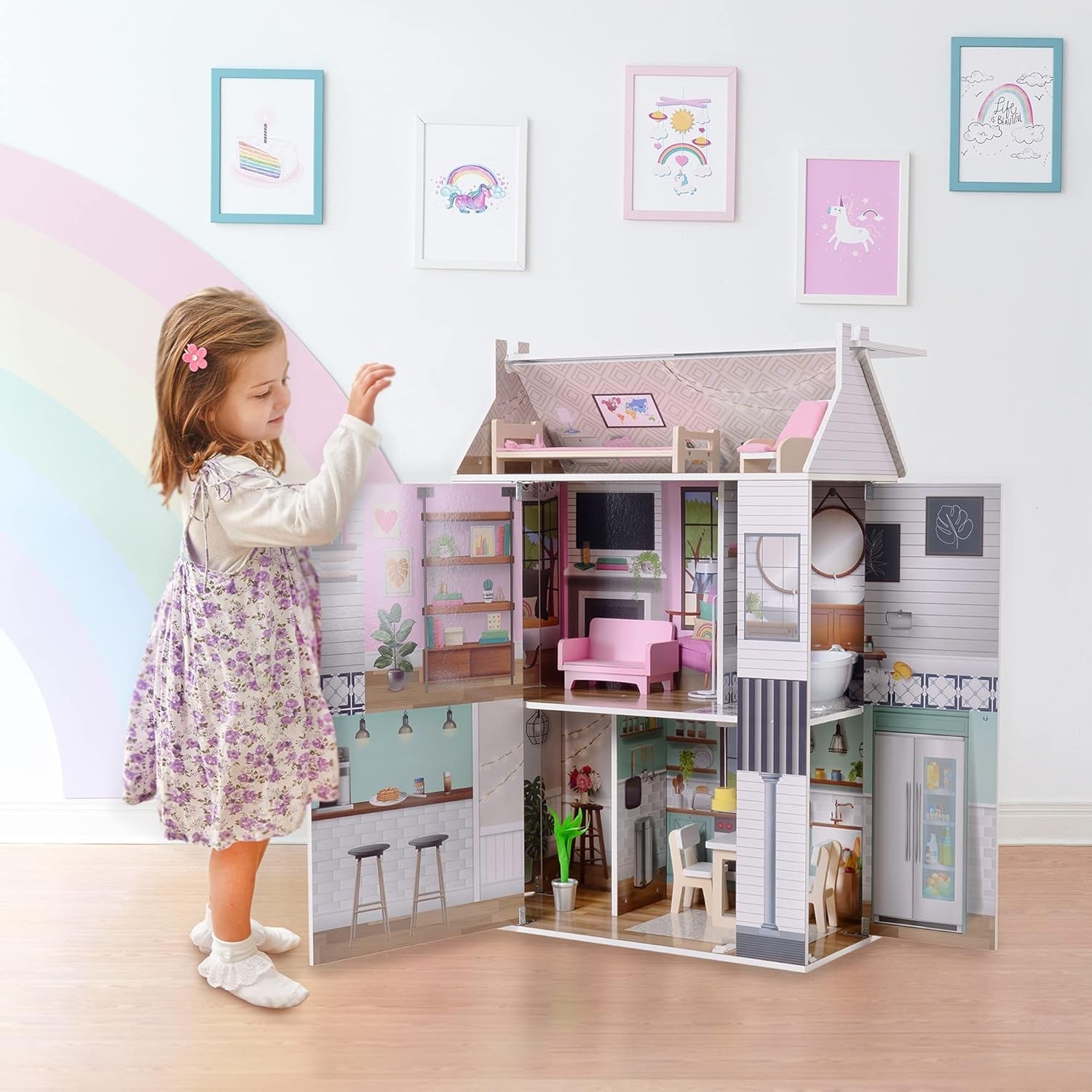Olivia'S Little World Dreamland Farmhouse Kids Interactive Wooden Dollhouse 3 etaje cu 13 accesorii de mobilier pentru păpuși alb TD-13632A Casute de papusi Naty Shop