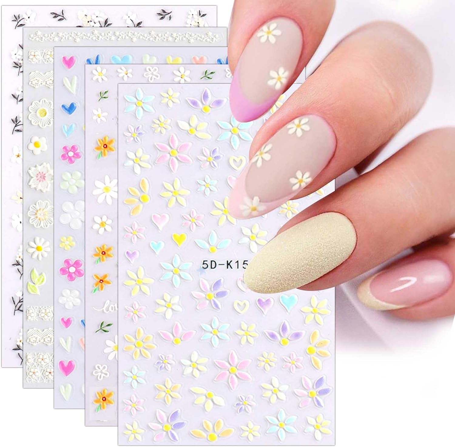 JMEOWIO 3D Nagelsticker Frühling Blumen 5 Blatt Nagelaufkleber 5D Stereoskopisch Selbstklebend Bunte Blüte Nail Art Sticker Décoration Nageldesign Zubehör