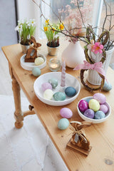 Heitmann Egg Dye Set de teinture naturelle, 3 poudres de teinture aux œufs (jaune, violet, gris-bleu), feuille d'autocollants en papier d'herbe