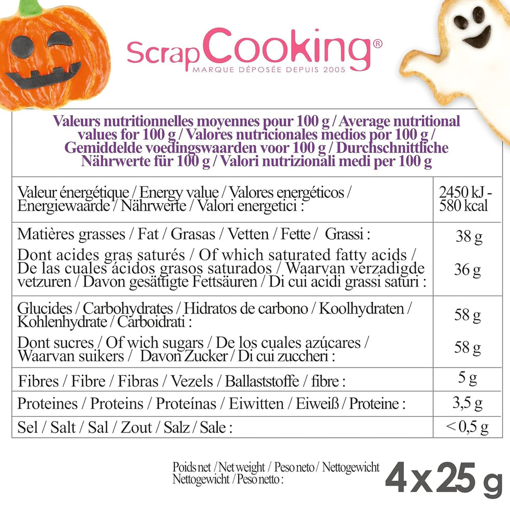 Scrapcooking - Lot de 4 crayons de chocolat Halloween - Noir, orange, violet et blanc - Colorants comestibles - Colorant alimentaire pour écrire - Écrire et dessiner sur les desserts, gâteaux et biscuits - 7064
