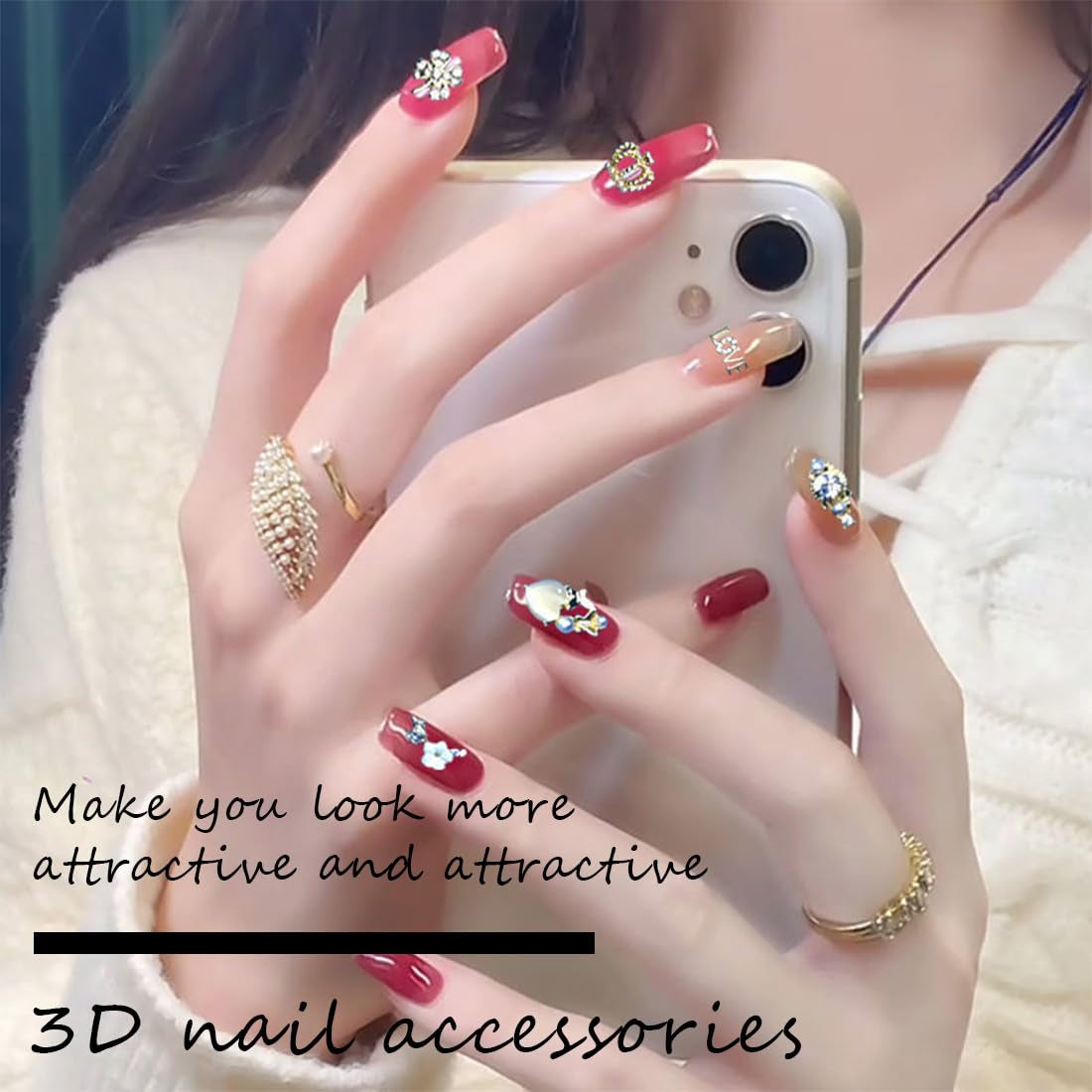 50 pièces de breloques à ongles dorées, breloques brillantes 3D pour nail art, strass pour ongles en perles, breloques pour ongles en strass, breloques pour ongles en strass, accessoires de nail art DIY, pour femmes filles