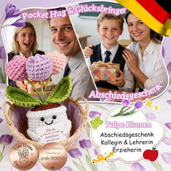 Abschiedsgeschenk Kollegin & Lehrerin Erzieherin - Pocket Hug Tulpen Blumen - Dankeschön Geschenk Für Rente, Jobwechsel & Abschied - Gehäkelte Blumen & Glücksbringer - Schlüsselanhänger