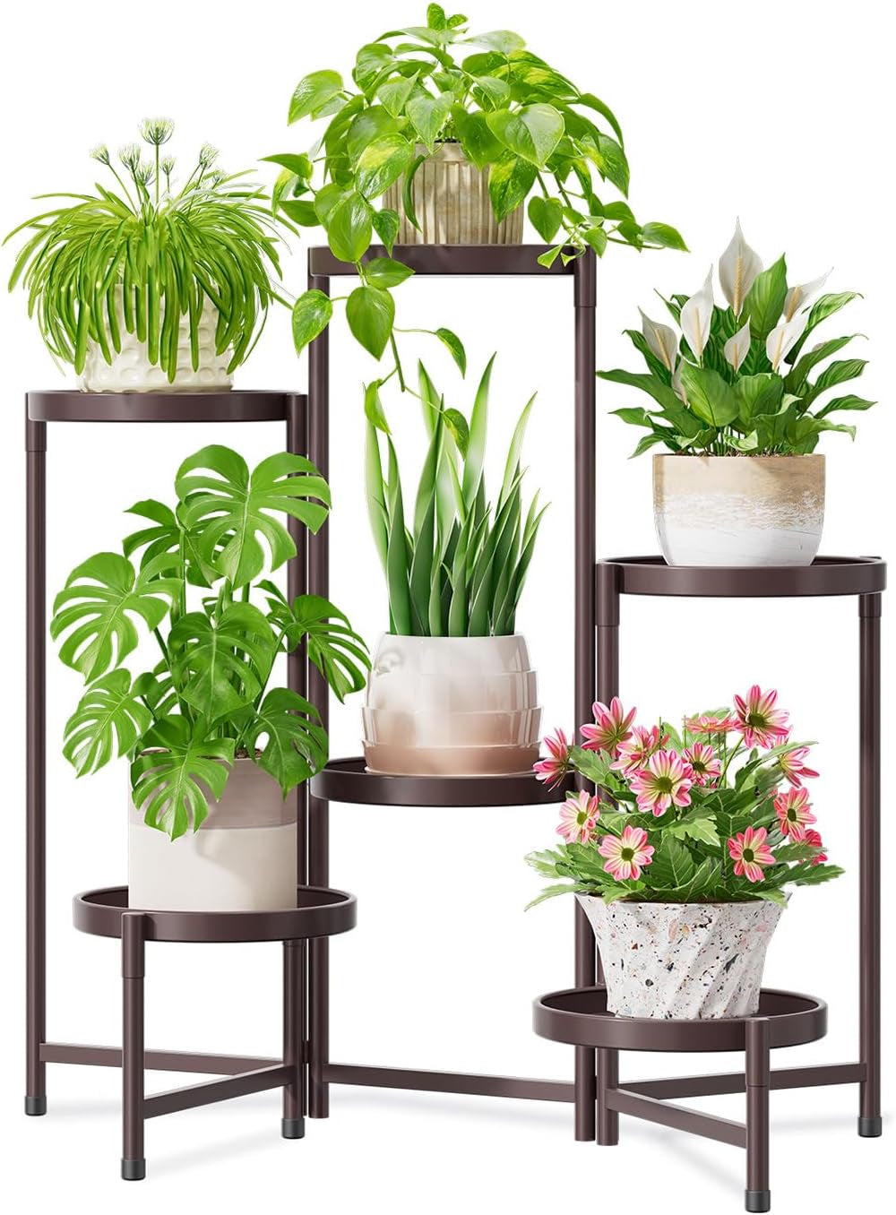 Idavosic.Ly Pflanzenständer Metall Groß Mit 5 Etagen, Blumenständer Pflanzenregal Blumenregal Indoor Outdoor, Faltbar Blumentreppen Innen Plant Stand Shelf Für Garten Balkon Wohnzimmer (Rund, Schwarz)