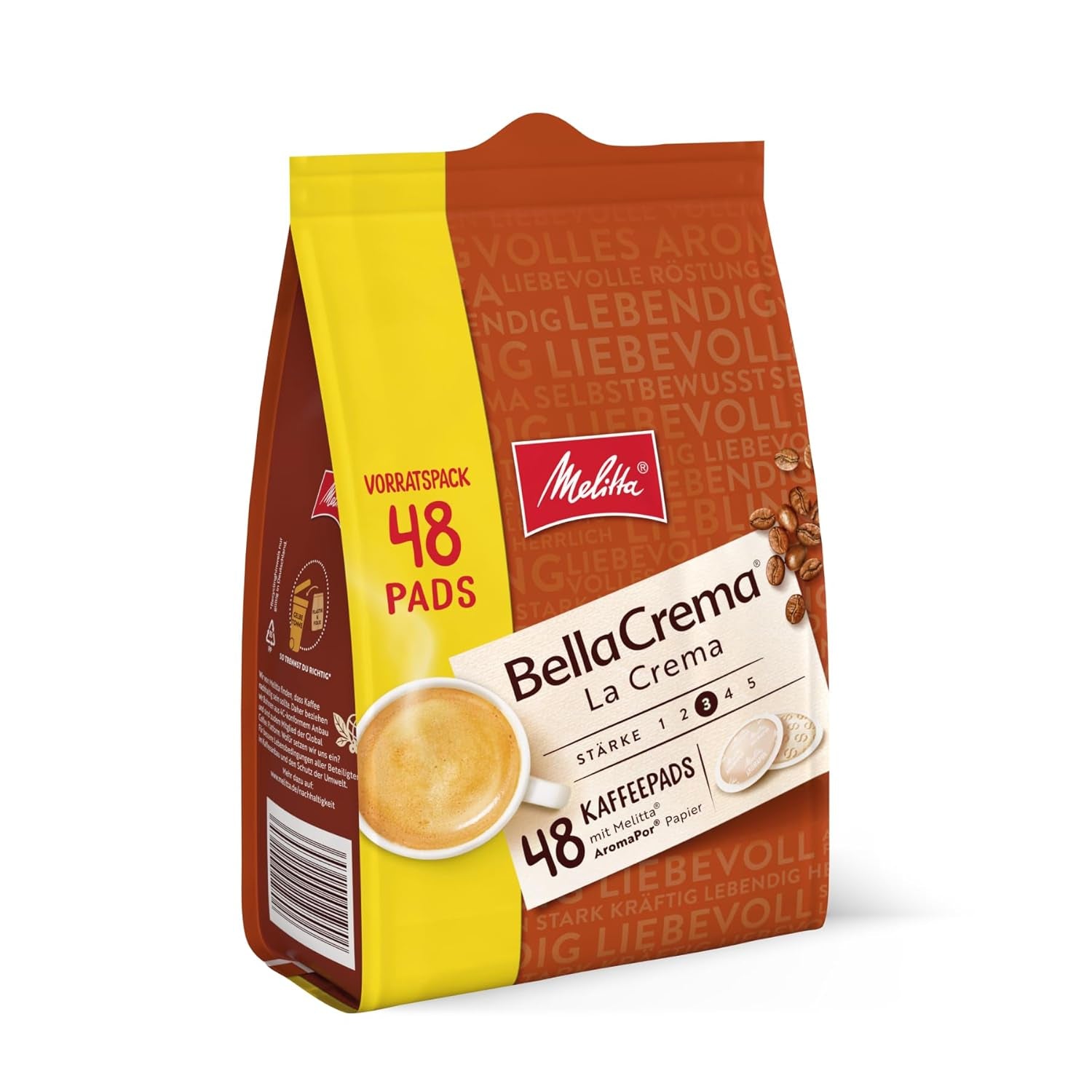 Melitta BellaCrema La Crema gemahlener Röstkaffee in Kaffee-Pads 48 Stück, Kaffeepads für Pad-Maschine, medium Röstung, geröstet in Deutschland, Stärke 3