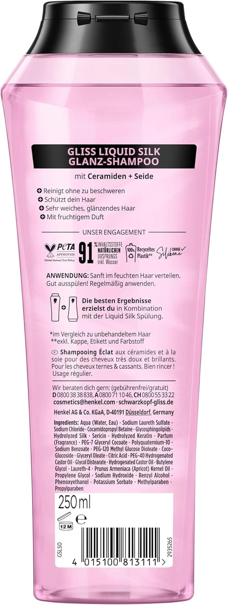 Gliss Shampooing Soie Liquide (250 ml), pour cheveux fragiles et ternes Douche et bain Naty Shop