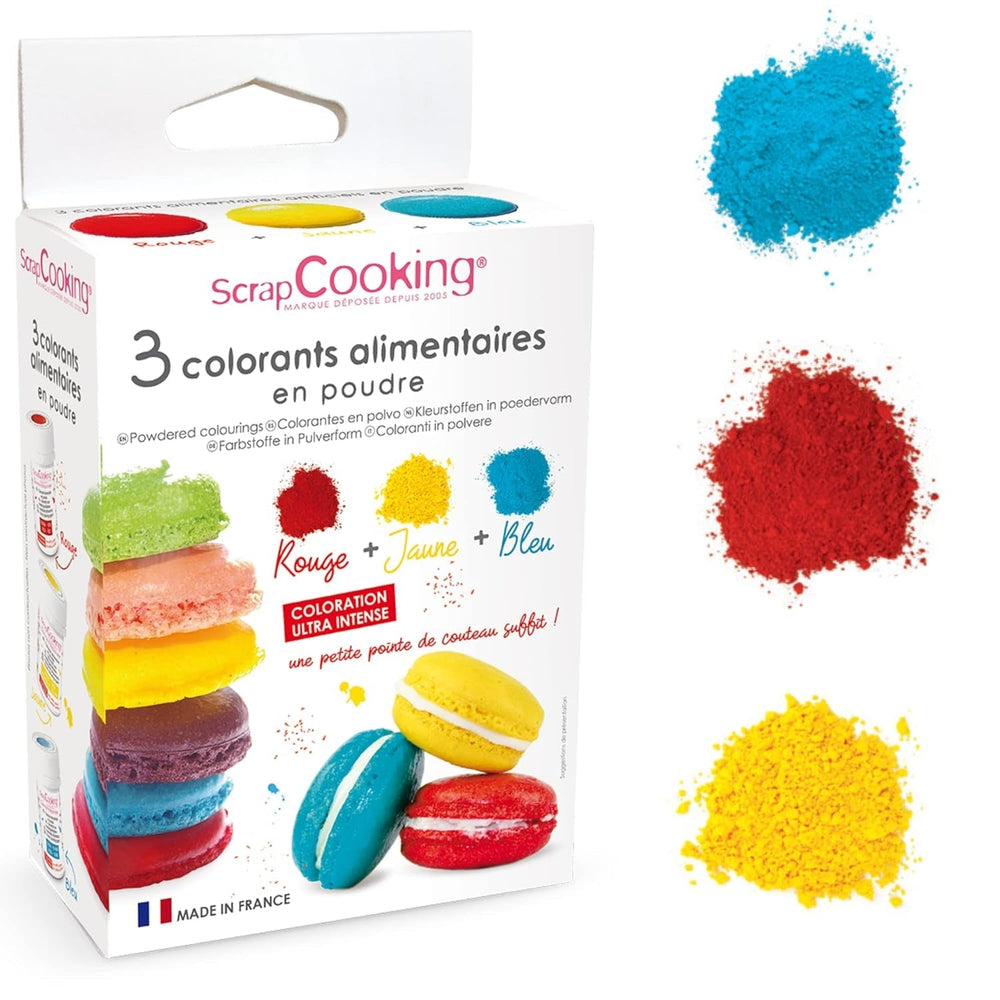 Scrapcooking - Lot de 3 Colorants Alimentaires en Poudre - Rouge Jaune Bleu - Colorant Alimentaire pour Pâtisserie, Gâteaux, Biscuits, Pâte, Fondant, Rainbow Cake - 4011