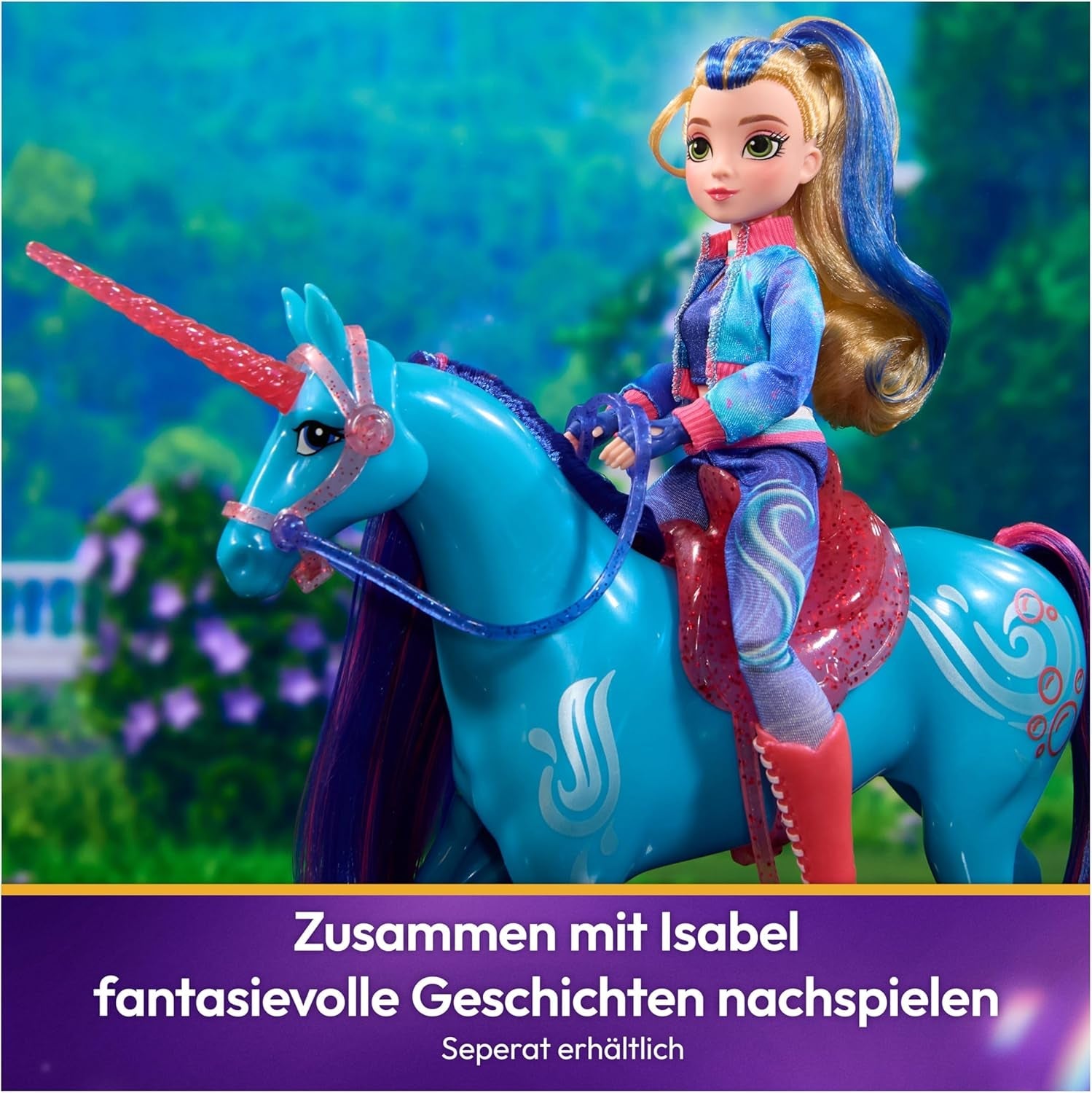 Unicorn Academy Einhorn River - 28 cm groß, Original-Einhorn von Isabel zur Netflix-Serie, mit echter Mähne und Schweif, abnehmbarem Zaumzeug und Sattel sowie Bürste, für Kinder ab 4 Jahren