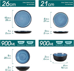 Service de table pour 6 personnes Vancasso PLAYA Service de table en porcelaine 24 pièces pour 6 personnes Bleu comprenant assiettes, assiettes Suma, bols et assiettes à salade Passe au lave-vaisselle et au micro-ondes