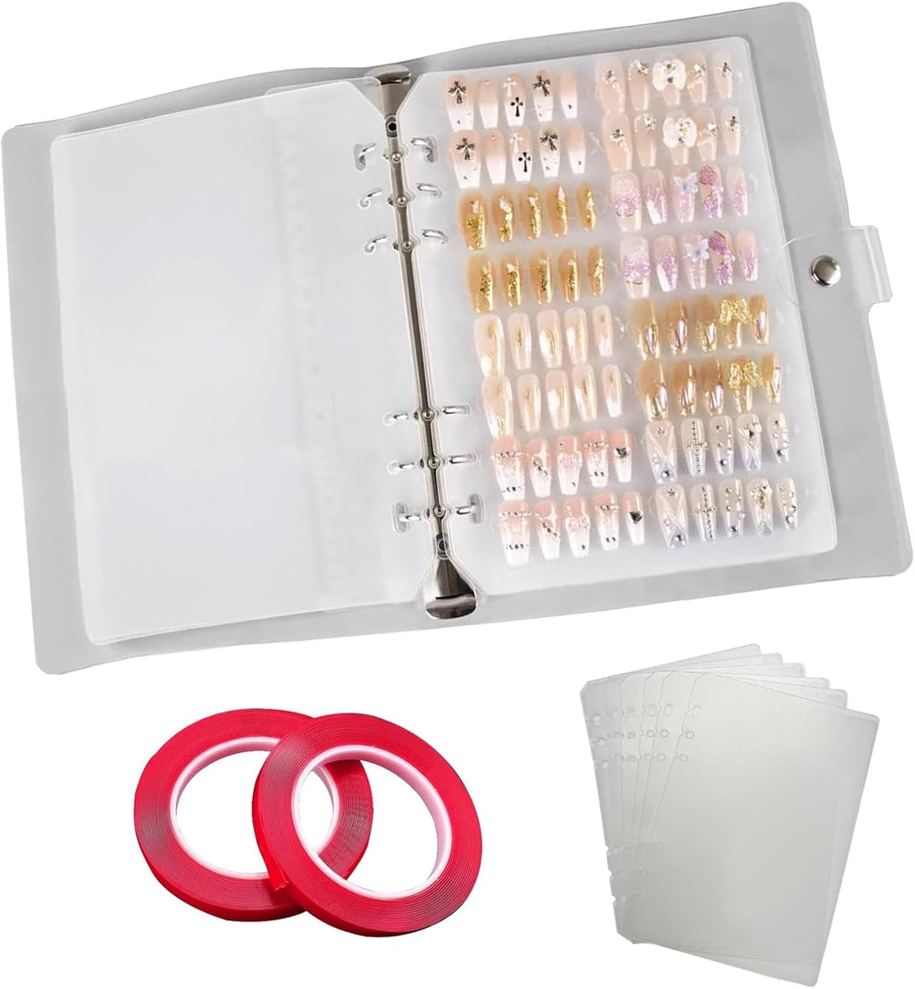 Set organizator unghii A5 cu sistem de închidere cu capse și foi detașabile – Cutie transparentă robustă + 6 tampoane adezive și carte de depozitare detașabilă pentru unghii artificiale/adezive – Ideal pentru depozitare, prezentare