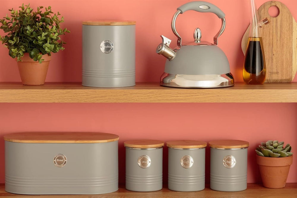 Collection LIVING, pot à biscuits avec couvercle | gris pastel | Boîte de rangement pour biscuits de 3,4 L | pot à biscuits en acier avec couvercle | Bocaux de conservation hermétiques en bambou avec couvercles Naty Shop Boîtes de conservation des aliments