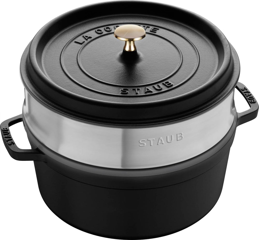 STAUB Gusseisen Bräter/Cocotte, Mit Dämpfeinsatz Aus Edelstahl, Rund 26 Cm, 5.2 L, Aromaregen Funktion Für Optimale Befeuchtung, Für Alle Herdarten Inkl. Induktion & Backofen, Kirschrot, Rot Moules et plaques à pâtisserie Naty Shop Schwarz