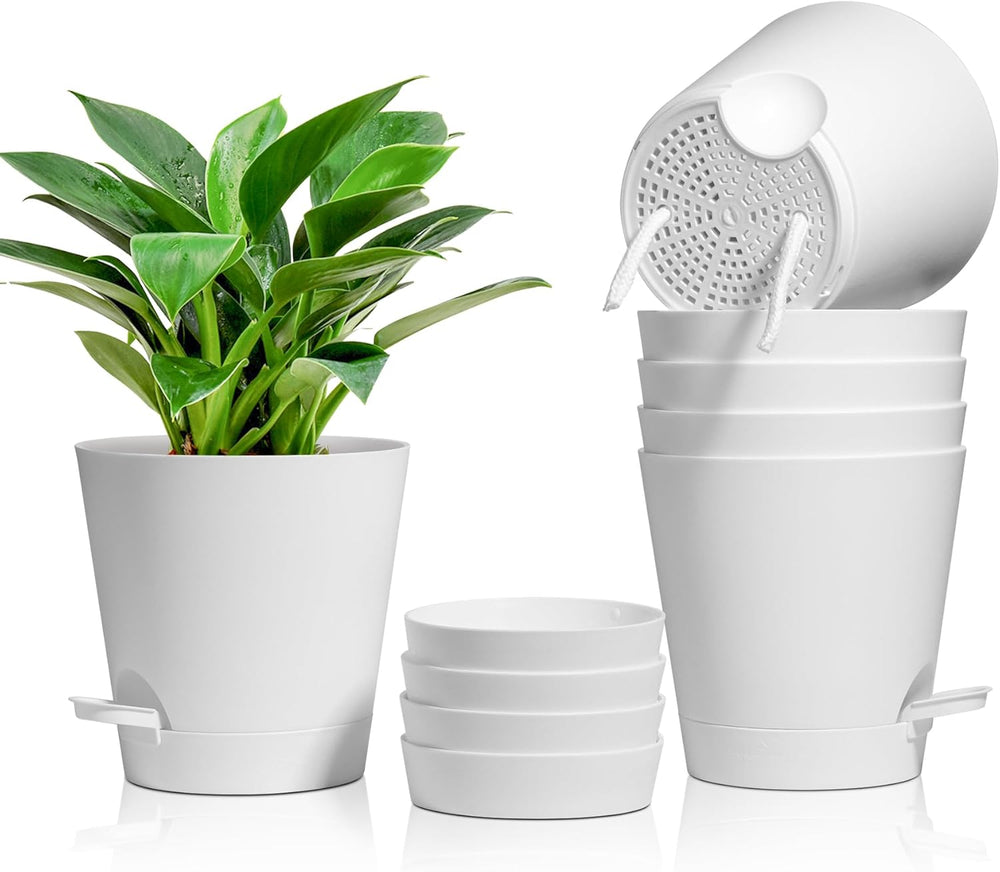 T4U Pots de fleurs en plastique de 14 cm avec système d'arrosage, lot de 6 pots de fleurs et soucoupes à arrosage automatique, pots ronds pour plantes de jardin de balcon intérieur, plantes grasses, cactus, blanc