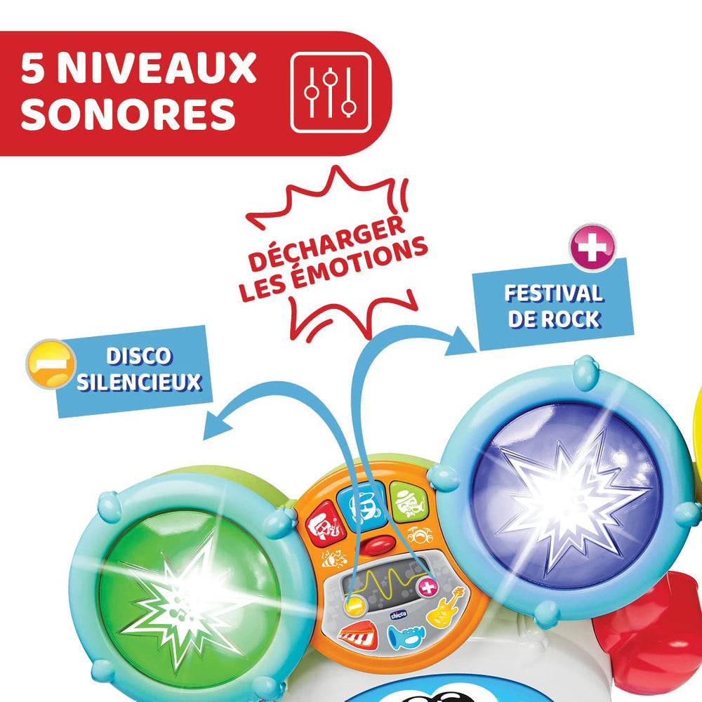 Chicco 00009820100000 Mi First Batterie avec lumières et sons, 3 modes de jeu, instrument de musique avec batterie pour enfants, multicolore, grand Jucarii Bebe Naty Shop
