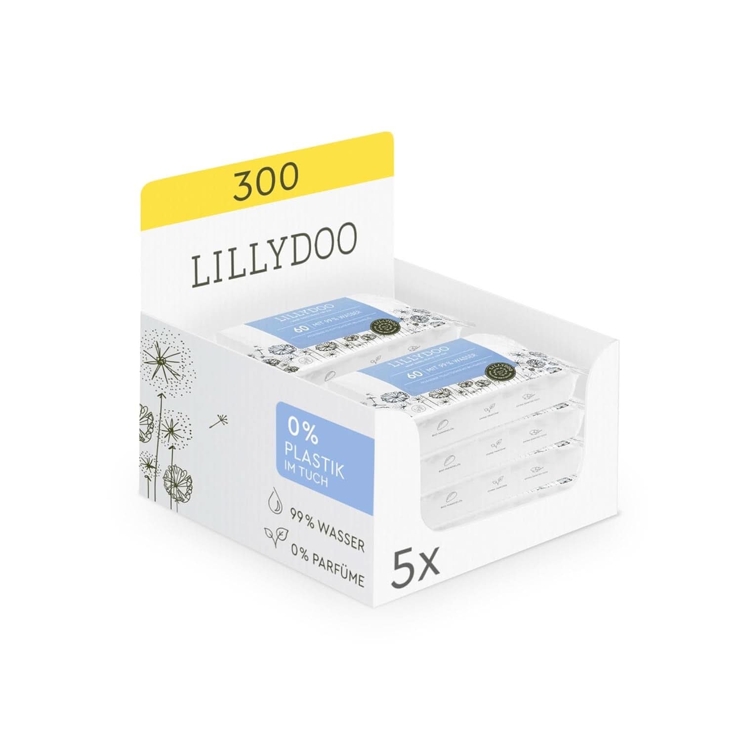 LILLYDOO Bébé Feuchttücher Mit 99% Wasser, 10 X 15 Stück (150 Feuchttücher), 100% Plastikfreies Tuch, Ohne Parfüme & Mild Wie Watte Und Wasser (FSC Mix) Lingettes humides pour bébé Naty Shop 60 Stück (5Er Pack)