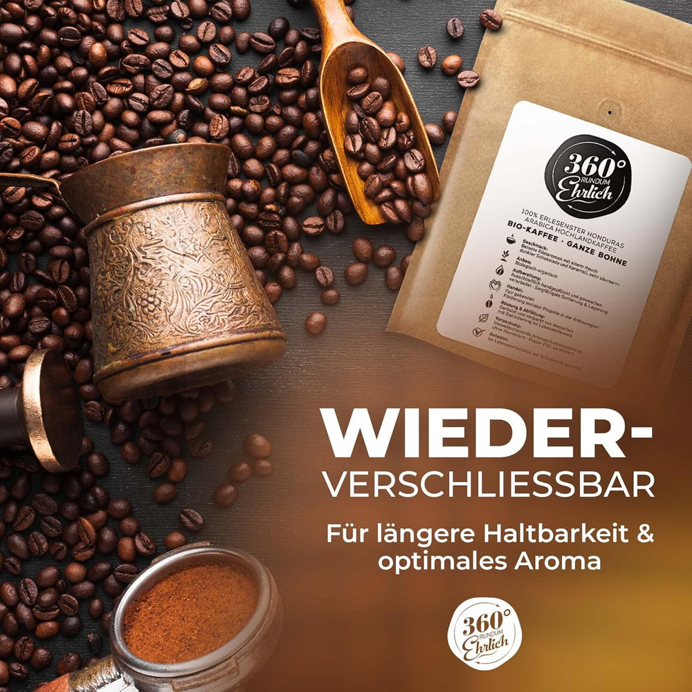 Premium Bio Kaffeebohnen 1000g, 100% Honduras Hochland Arabica Kaffeebohnen Bio - Köstlich, doux, sans danger - Bio Kaffee ganze Bohnen - Idéal comme Kaffeebohnen Vollaautomat - 360° Rundum Ehrlich