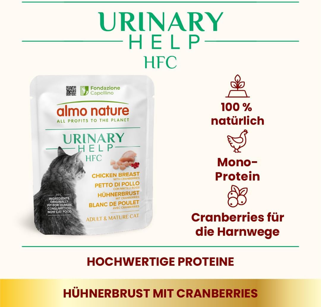 Almo Nature HFC Urinary Help - Nassfutter für Katzen - Unterstützung für die Harnwege - Hühnerbrust & Cranberries - Human Grade, Monoprotein, Glutenfree - 24x50g
