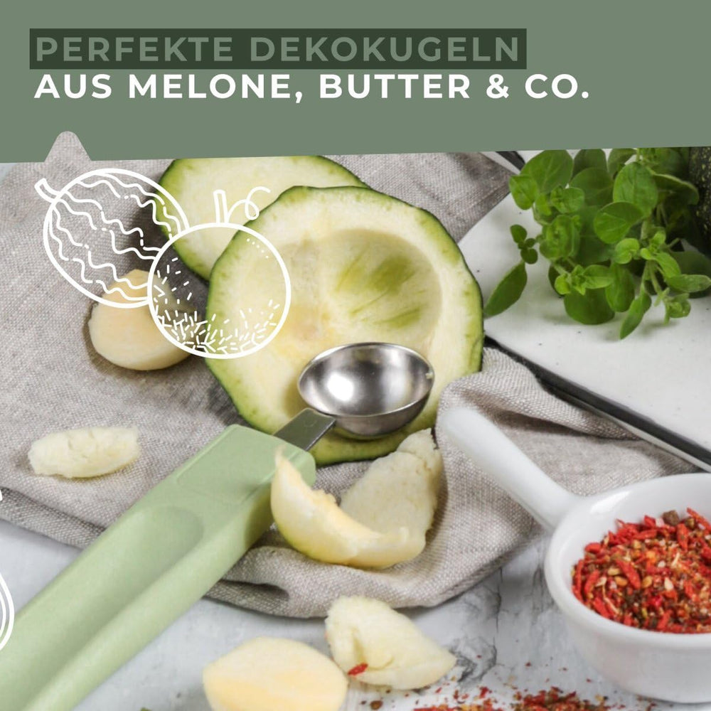 Fackelmann Ecolution Baller - Balle à fruits et à beurre en fibres de bois, bioplastique et acier inoxydable - Cuillère Paris 18 x 3 cm, vert menthe